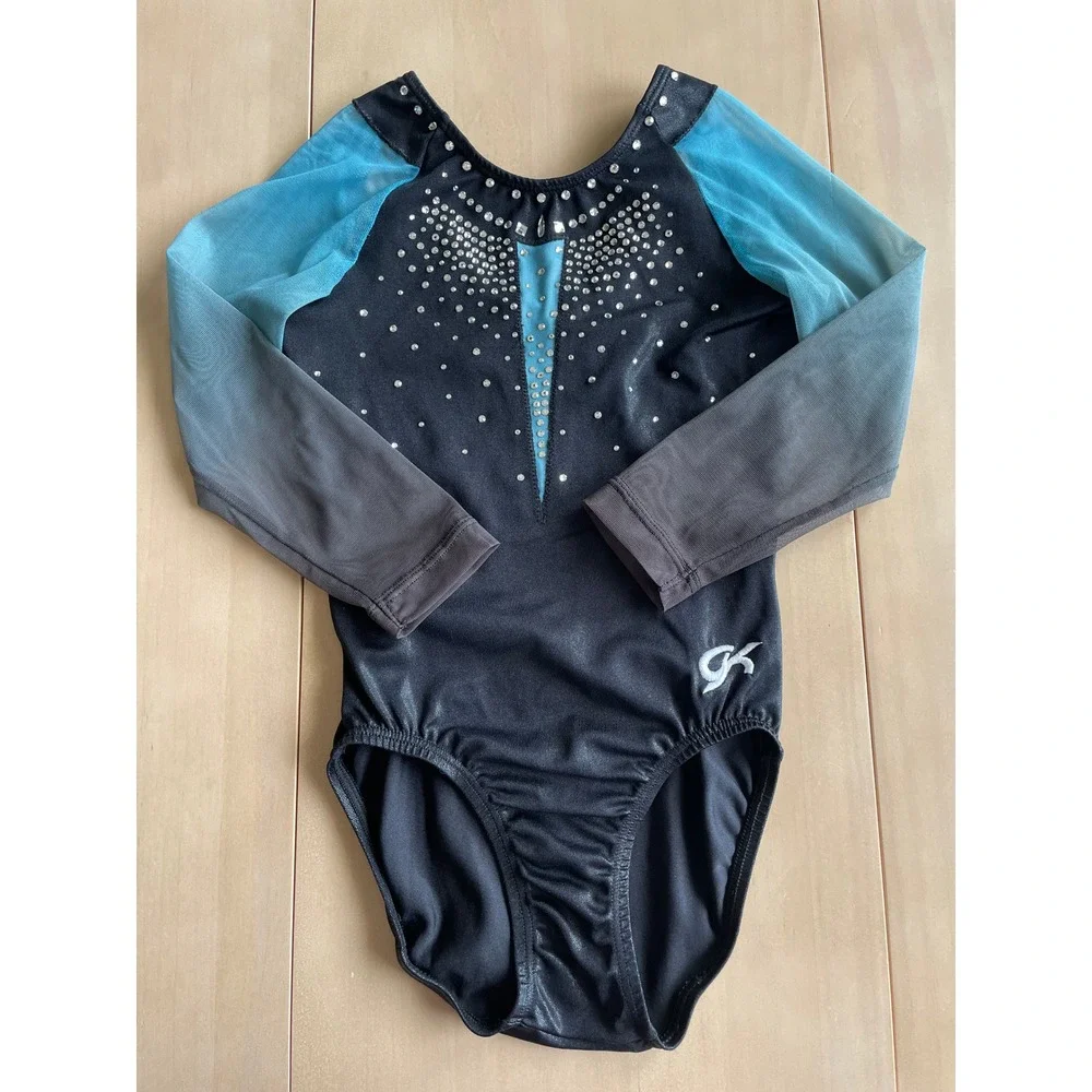 GK Elite Black Blue Rhinestone Gymnastics Leotard Long Sleeve Child Large CL
